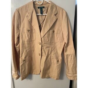 Lauren Ralph Lauren Size 14 Blazer Jacket Beige Cotton Linen Blend Career Sharp